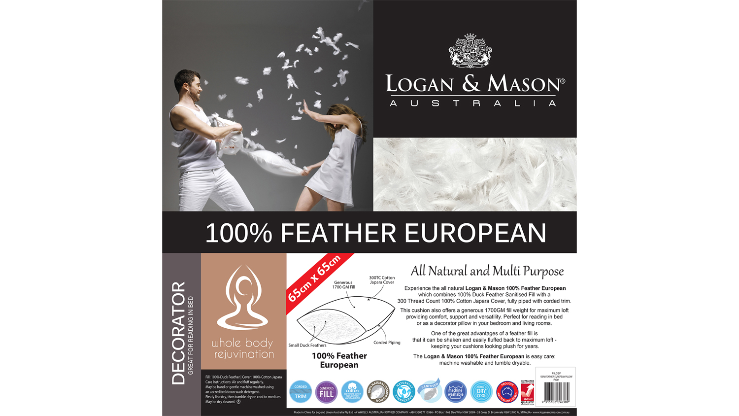 Product packaging of the duck feather pillow with product specs